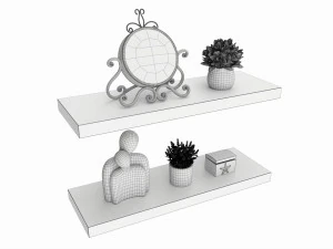 Floating Wooden Shelves with Decorations and Plants 3D Model