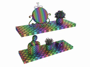 Floating Wooden Shelves with Decorations and Plants 3D Model