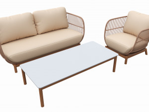Outdoor set 3 seater sofa chair coffee table 01 3D Model