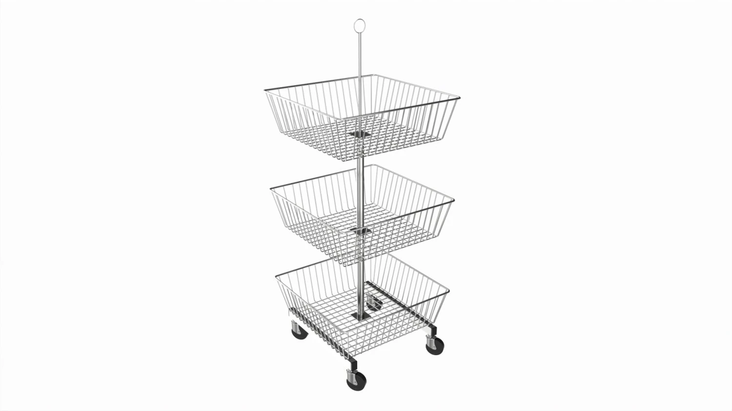 Store Wire Square Baskets 3-tier on Wheels 3D Model .c4d .max .obj .3ds .fbx .stl .blend