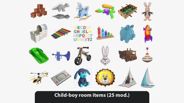 Child-boy room items 3D Модель .c4d .max .obj .3ds .fbx .stl .blend 
