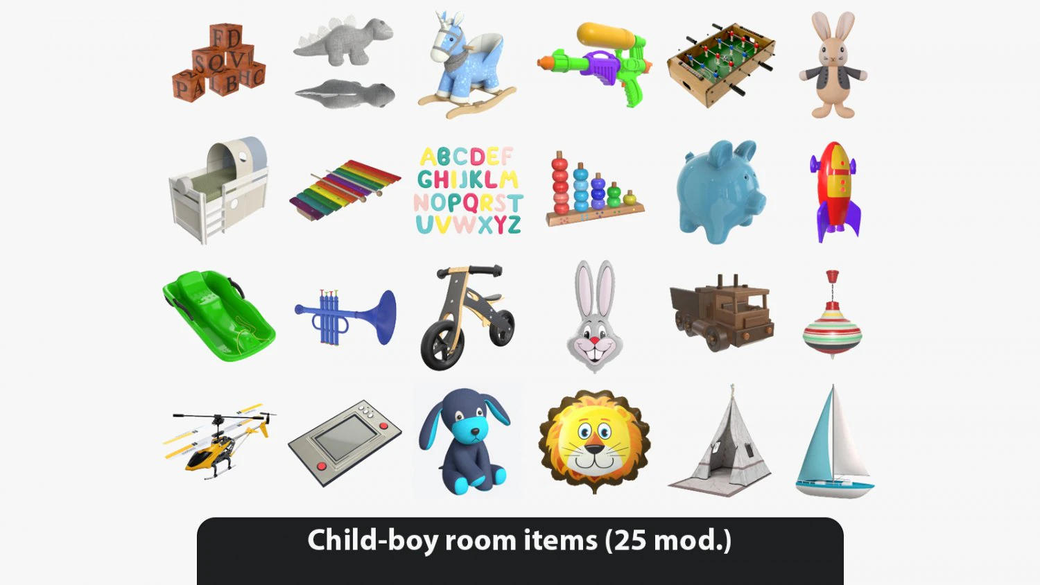 Child-boy room items 3D Model .c4d .max .obj .3ds .fbx .stl .blend 