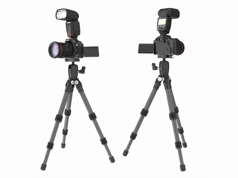 Canon DSLR Camera with flash on a Tripod 3D Model