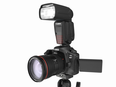 Canon DSLR Camera with flash on a Tripod 3D Model