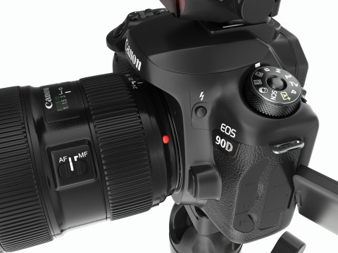 Canon DSLR Camera with flash on a Tripod 3D Model