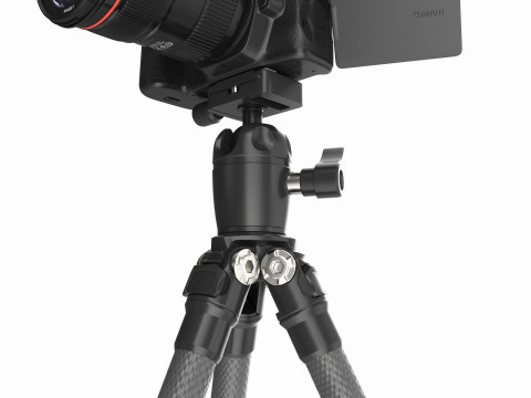 Canon DSLR Camera with flash on a Tripod 3D Model