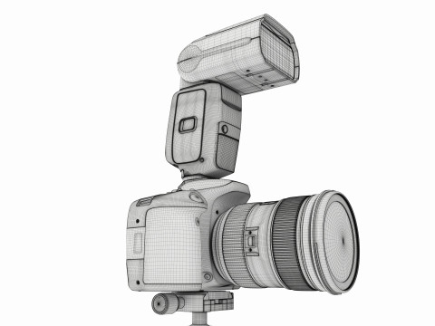 Canon DSLR Camera with flash on a Tripod 3D Model