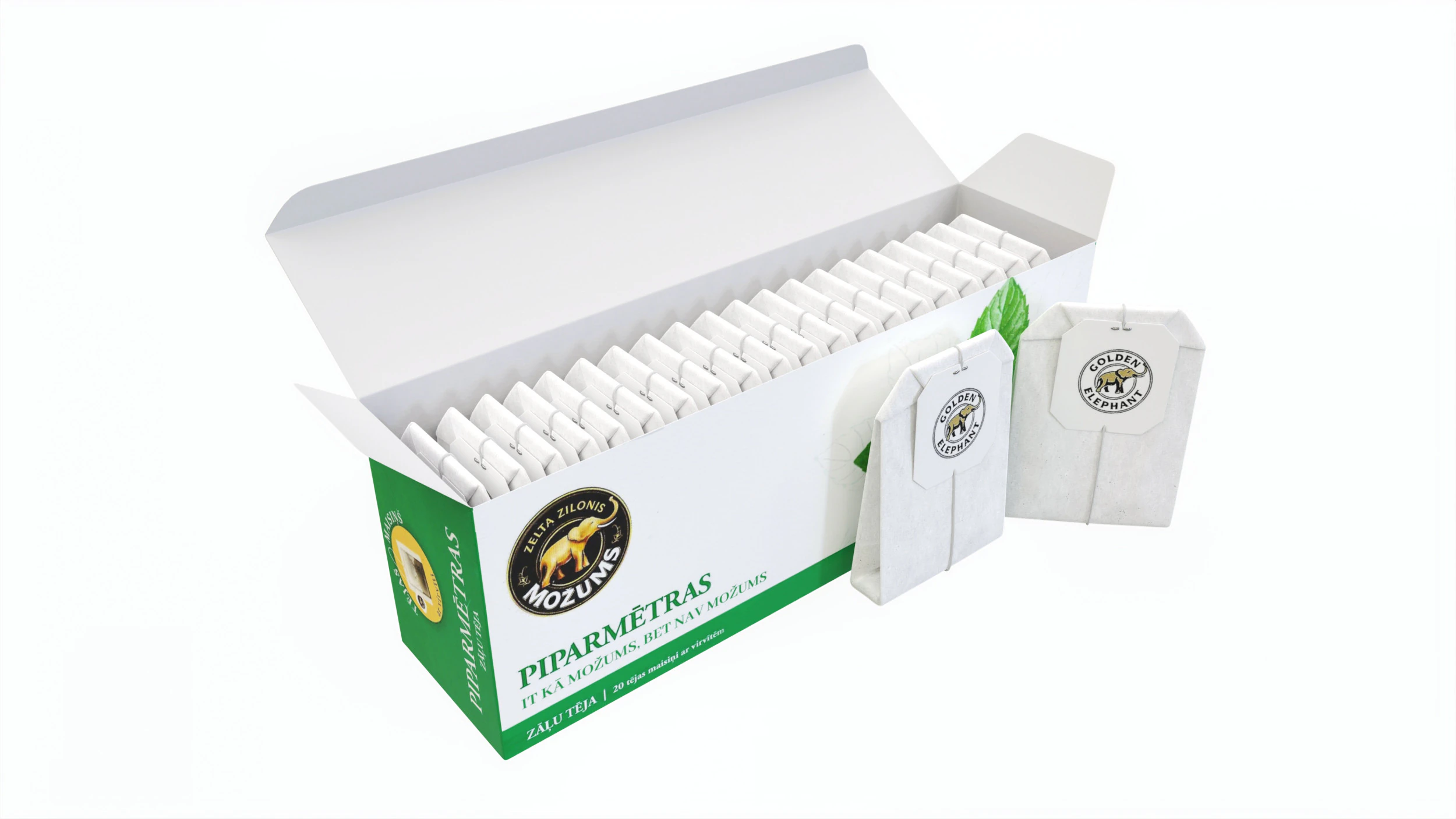 Peppermint Tea Paper Box Opened With Tea Bags 3D Model .c4d .max .obj .3ds .fbx .stl .blend 