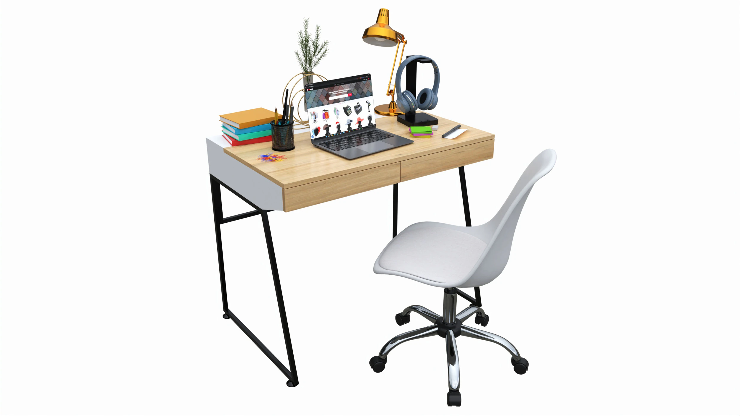 Study desk with laptop 3D Model .c4d .max .obj .3ds .fbx .stl .blend 