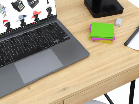 Study desk with laptop 3D Model