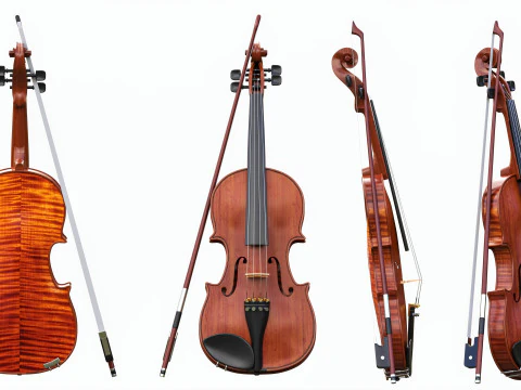 Classick brown violin with bow 3D Model