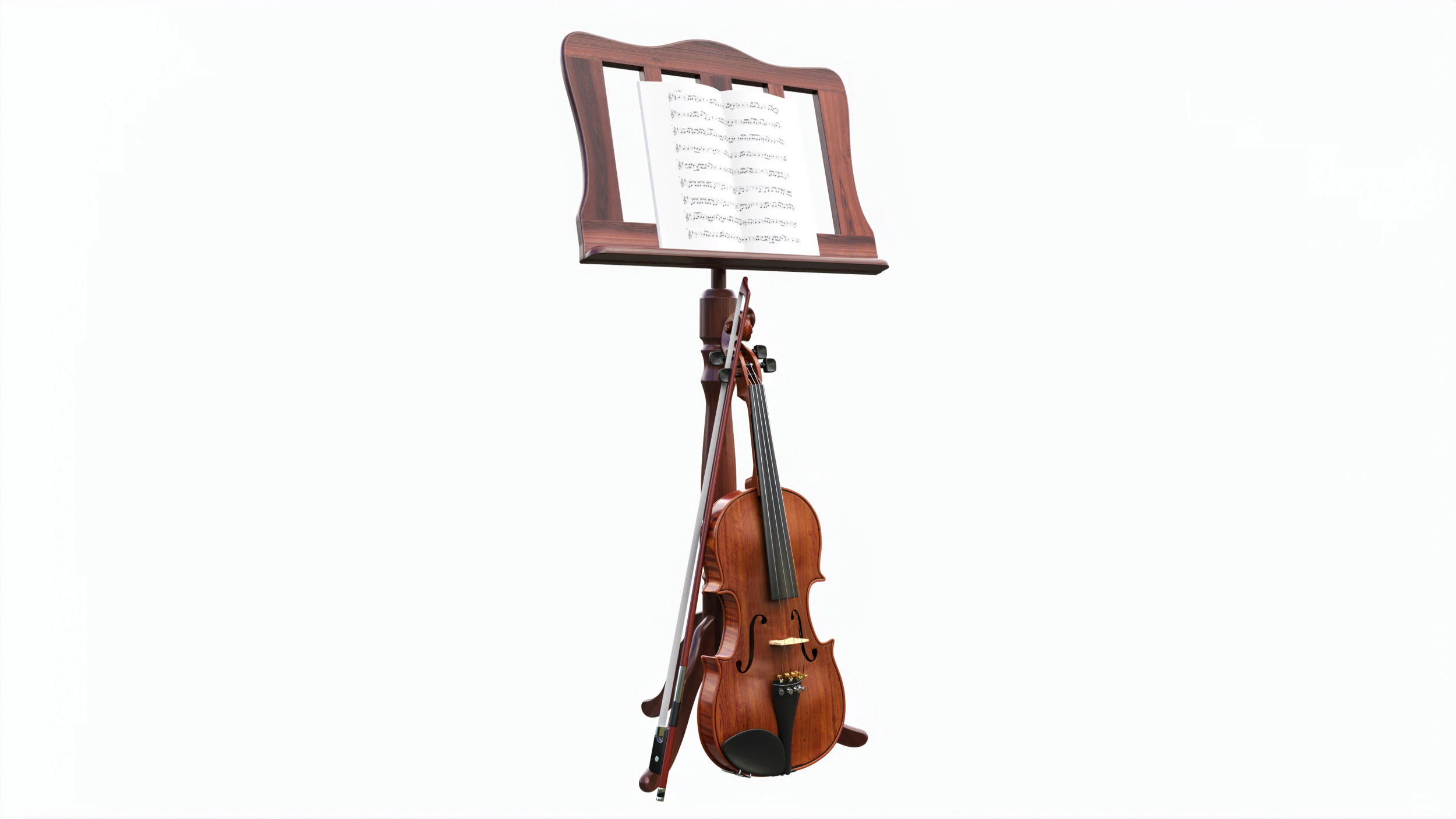 Violin with bow and wooden music note stand 3D Model .c4d .max .obj .3ds .fbx .stl .blend 