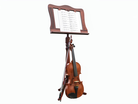 Violin with bow and wooden music note stand 3D-Modell