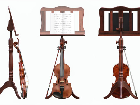 Violin with bow and wooden music note stand 3D Модель