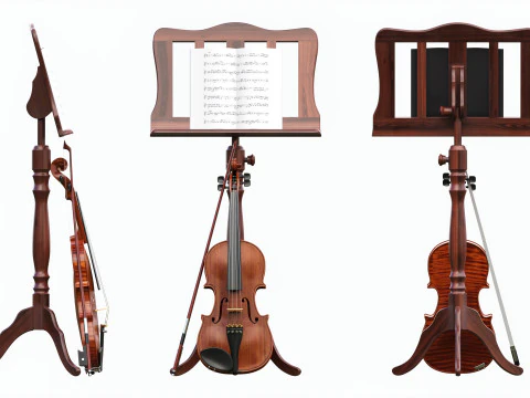 Violin with bow and wooden music note stand 3D Model