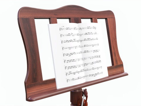 Violin with bow and wooden music note stand 3D Модель