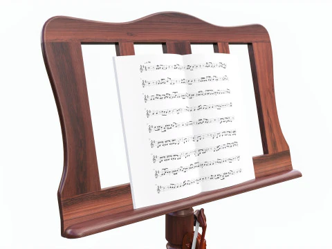 Violin with bow and wooden music note stand 3D Model