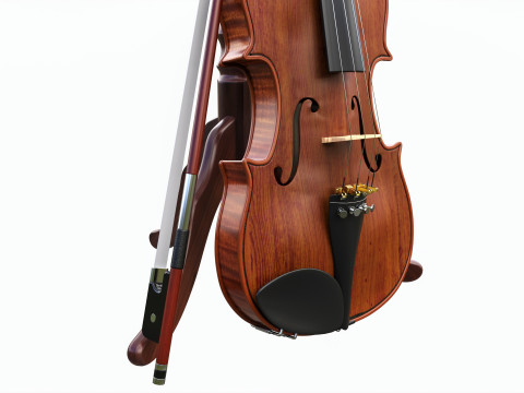 Violin with bow and wooden music note stand 3D Модель