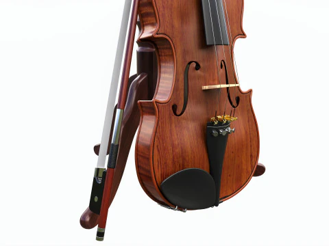 Violin with bow and wooden music note stand 3D Model