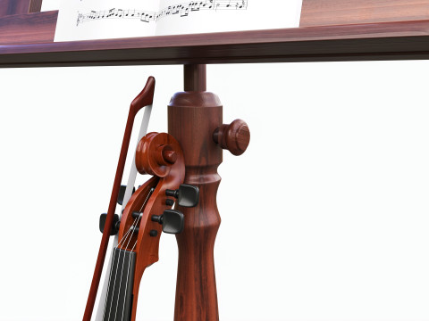 Violin with bow and wooden music note stand 3D Модель