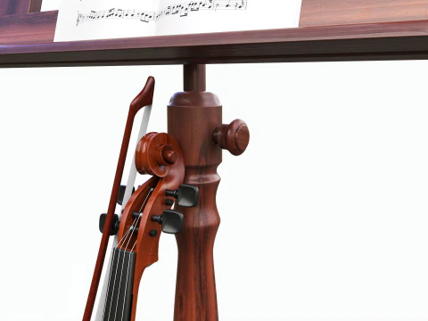 Violin with bow and wooden music note stand 3D Model