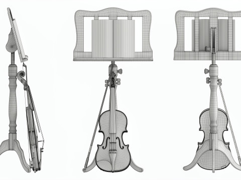 Violin with bow and wooden music note stand 3D Модель