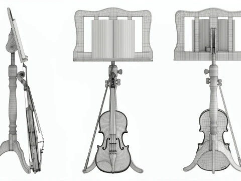 Violin with bow and wooden music note stand 3D Model