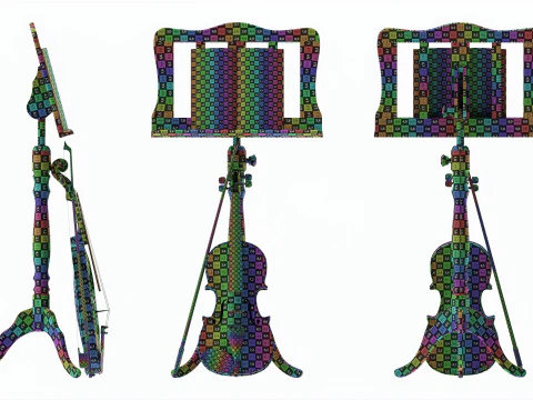 Violin with bow and wooden music note stand 3D Model