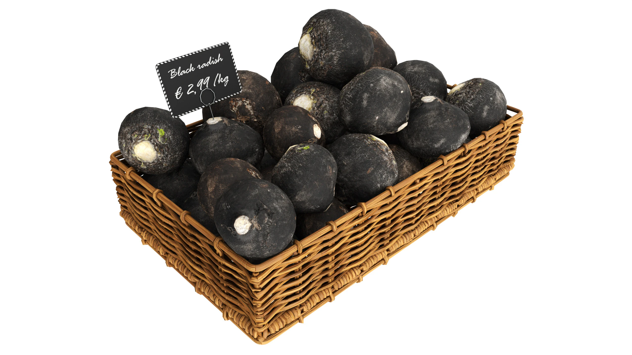 Black radish in tray with price tag 3D Model .c4d .max .obj .3ds .fbx .stl .blend 
