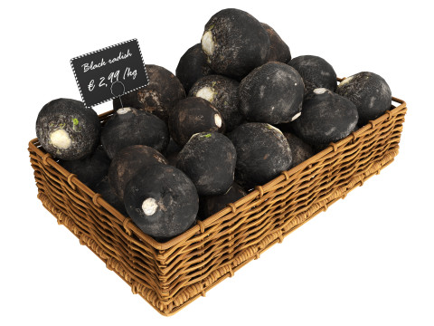 Black radish in tray with price tag Modelo 3D