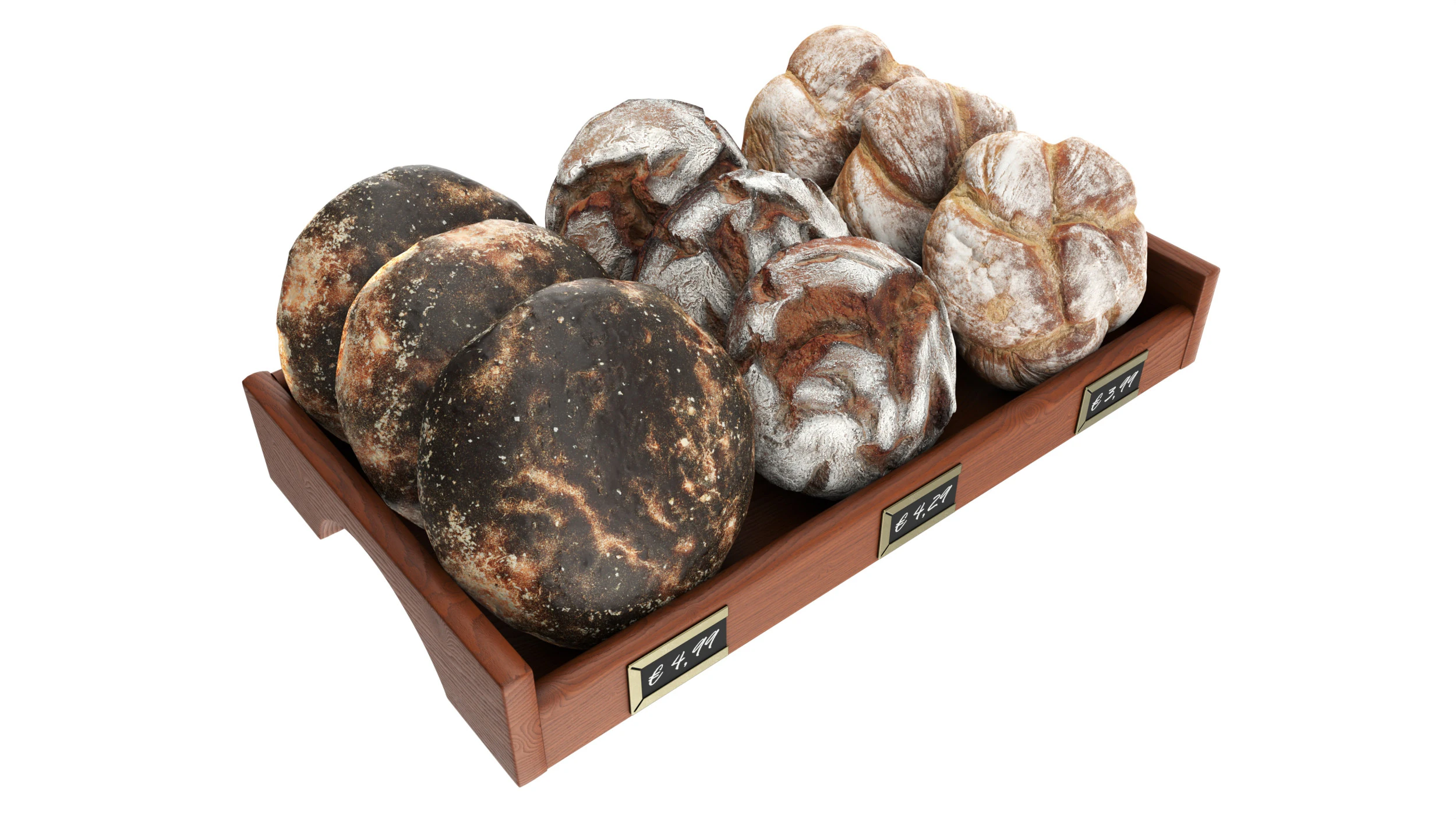 トレイ上の丸いパンの選択 3Dモデル .c4d .max .obj .3ds .fbx .stl .blend