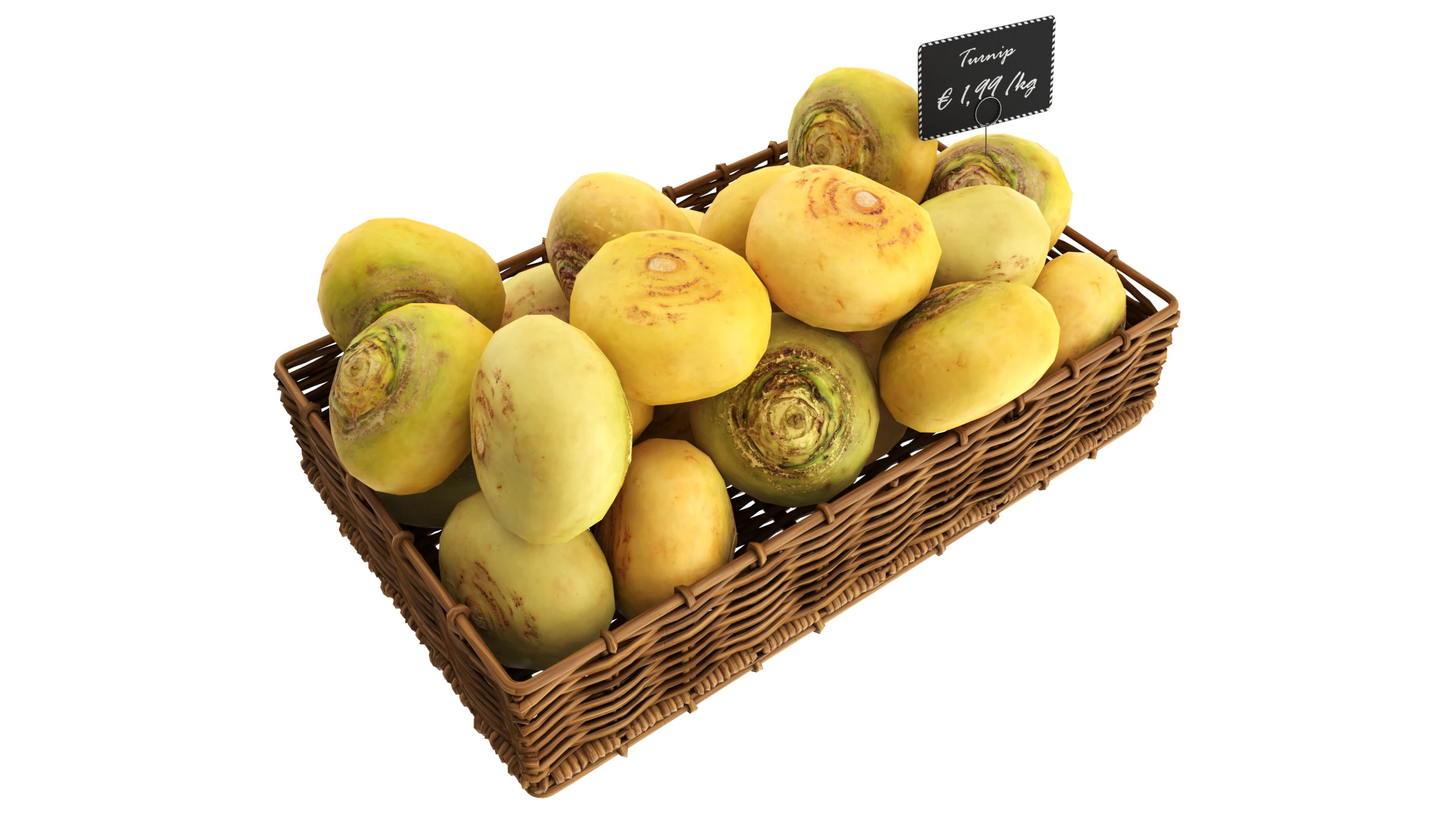 Turnip in tray with price tag 3D Model .c4d .max .obj .3ds .fbx .stl .blend 