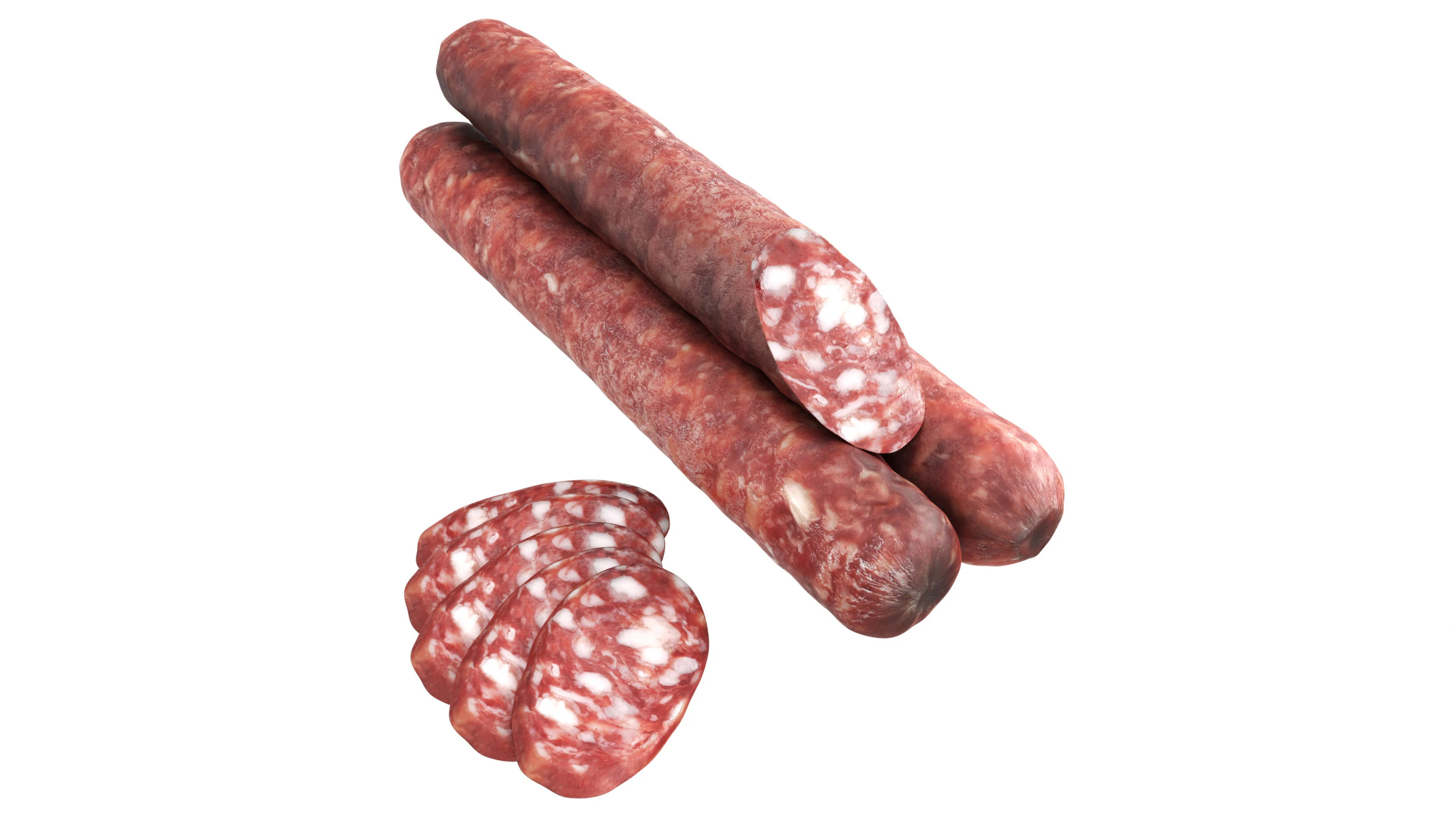 Dried sausage long whole and slices 02 3D Model .c4d .max .obj .3ds .fbx .stl .blend 