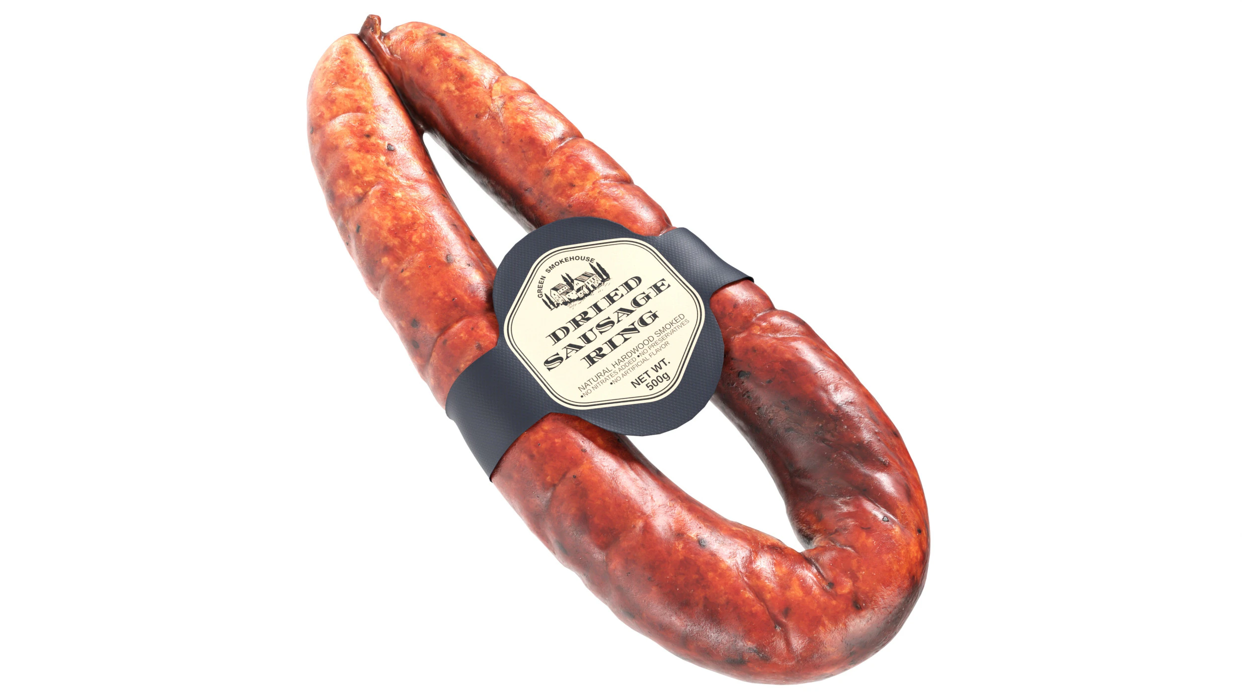 Smoked sausage ring with label 3D Model .c4d .max .obj .3ds .fbx .stl .blend 