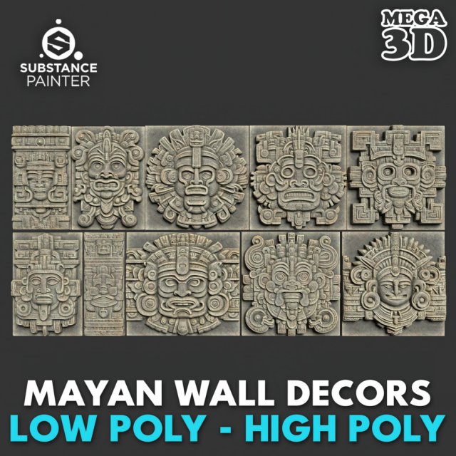 10 Low poly Mayan Temple Wall Decor 231206 3D Model .c4d .max .obj .3ds .fbx .stl .blend 