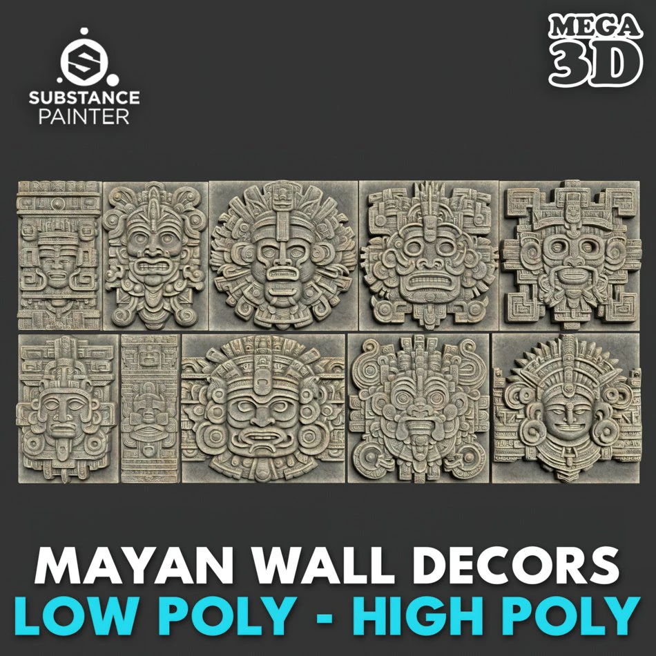 10 Low poly Mayan Temple Wall Decor 231206 3D Model .c4d .max .obj .3ds .fbx .stl .blend 