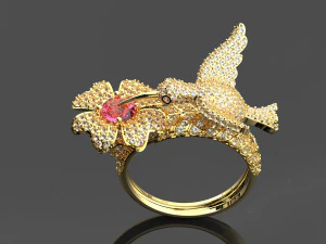 BIRD WITH FLOWER ROSE DIAMOND RING 3D Model