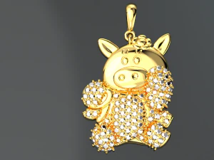 PENDENTE IN ORO CON DIAMANTI E MAIALINO SVEGLIO Modello 3D