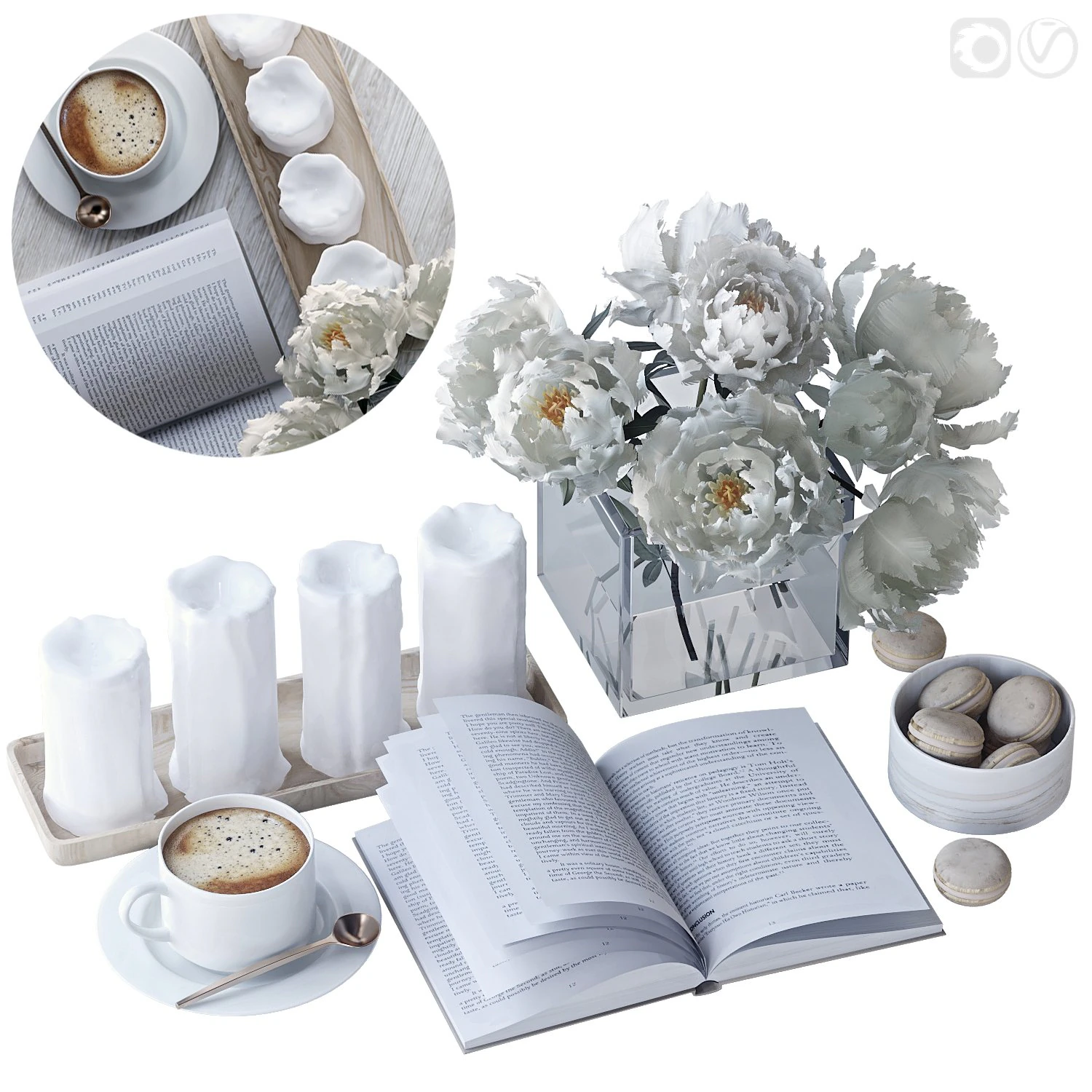 Decorative set with peonies 3D Model .c4d .max .obj .3ds .fbx .stl .blend 