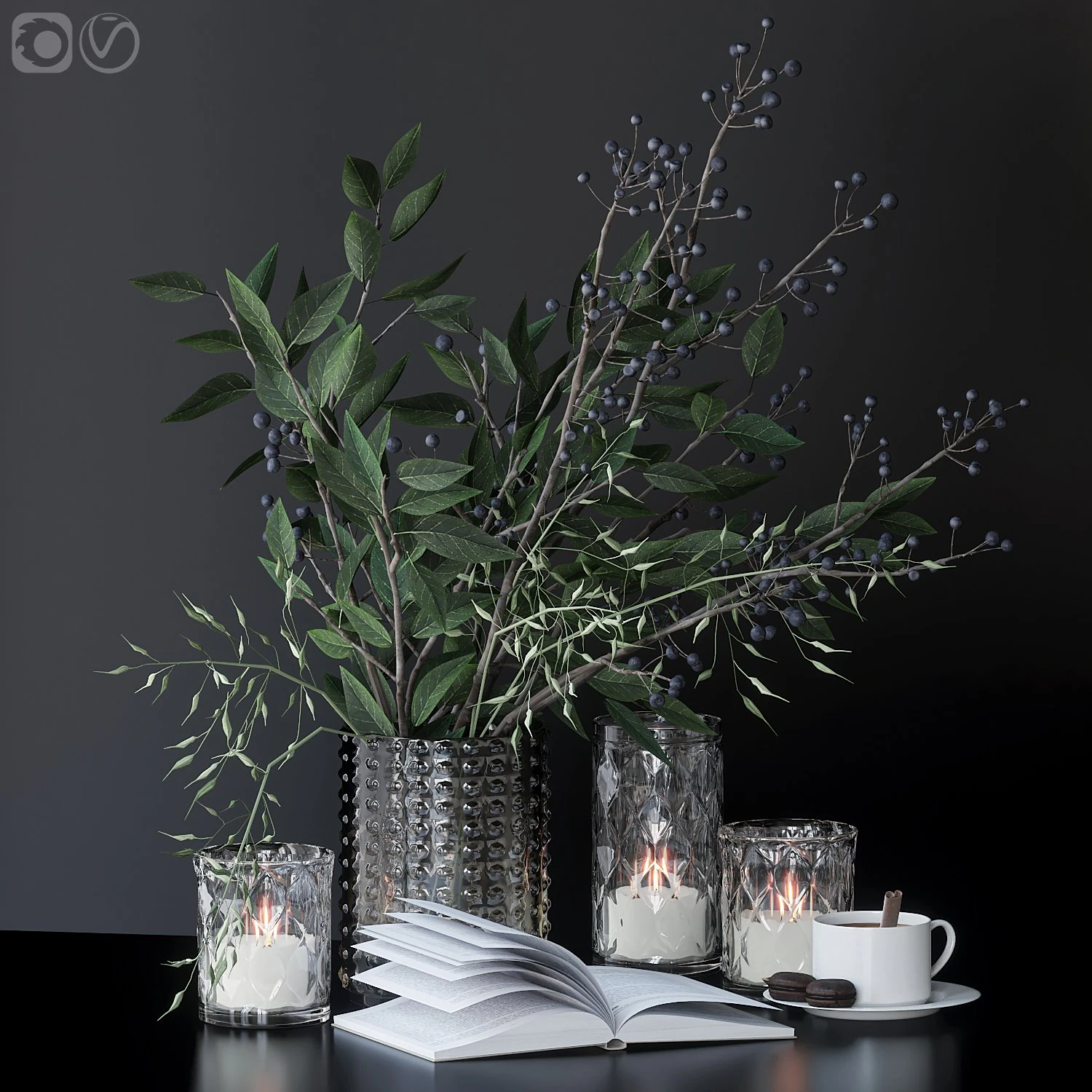 Decorative set with green branches 3D Model .c4d .max .obj .3ds .fbx .stl .blend 
