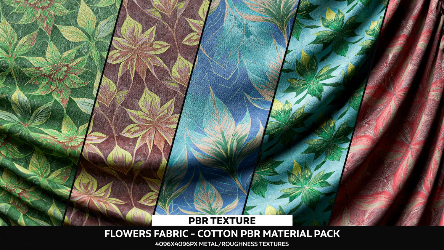 Flowers Fabric Cotton PBR Material - Texture Pack CG Textures .c4d .max .obj .3ds .fbx .stl .blend 