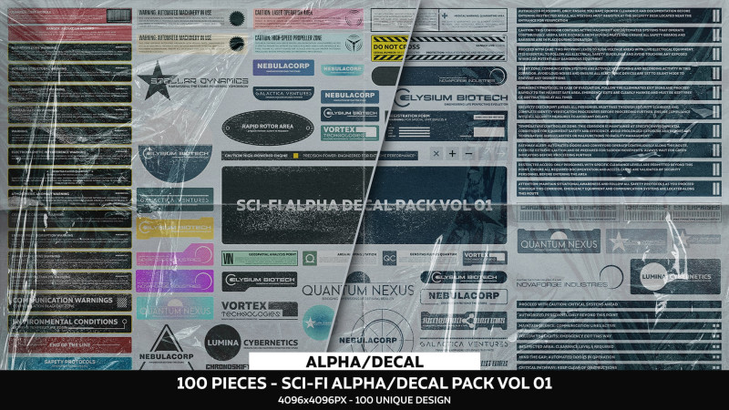 100 - Sci-Fi Alpha Decal Pack Vol 01 Tekstur CG .c4d .max .obj .3ds .fbx .stl .blend 