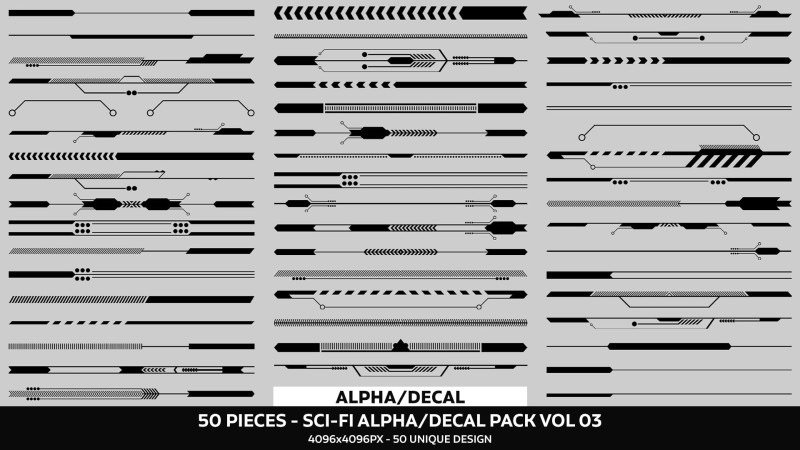 50 Sci-Fi Alpha Decal Pack Vol 03 CG Texturen .c4d .max .obj .3ds .fbx .stl .blend 