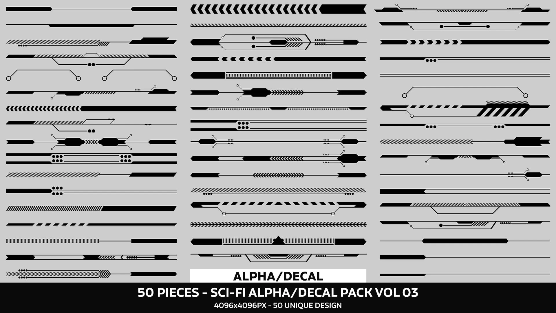 50 Sci-Fi Alpha Decal Pack Vol 03 CG Textures .c4d .max .obj .3ds .fbx .stl .blend 