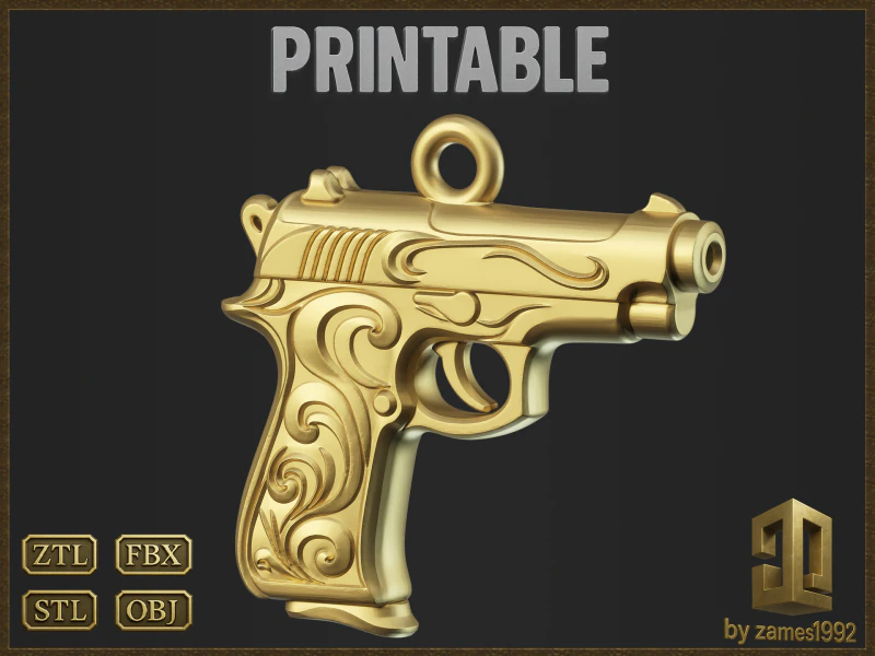 Golden Decorative Pistol Pendant 3D Print Model .c4d .max .obj .3ds .fbx .stl .blend 