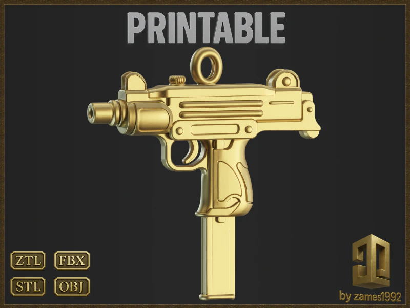 Golden Ornamental UZI 3D Print Model .c4d .max .obj .3ds .fbx .stl .blend 