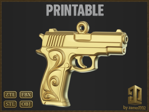 Golden Ornate Pistol Pendant 3D Print Model