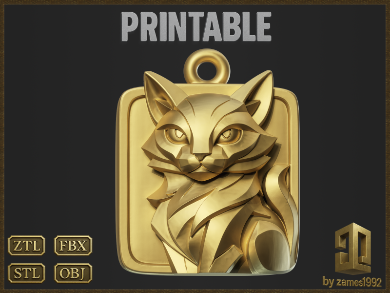 Geometric Cat Pendant 3D Print Model .c4d .max .obj .3ds .fbx .stl .blend