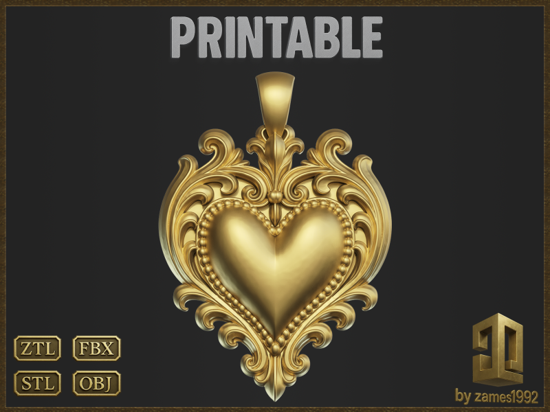 Golden Heart Decorative Pendant 3D Print Model .c4d .max .obj .3ds .fbx .stl .blend