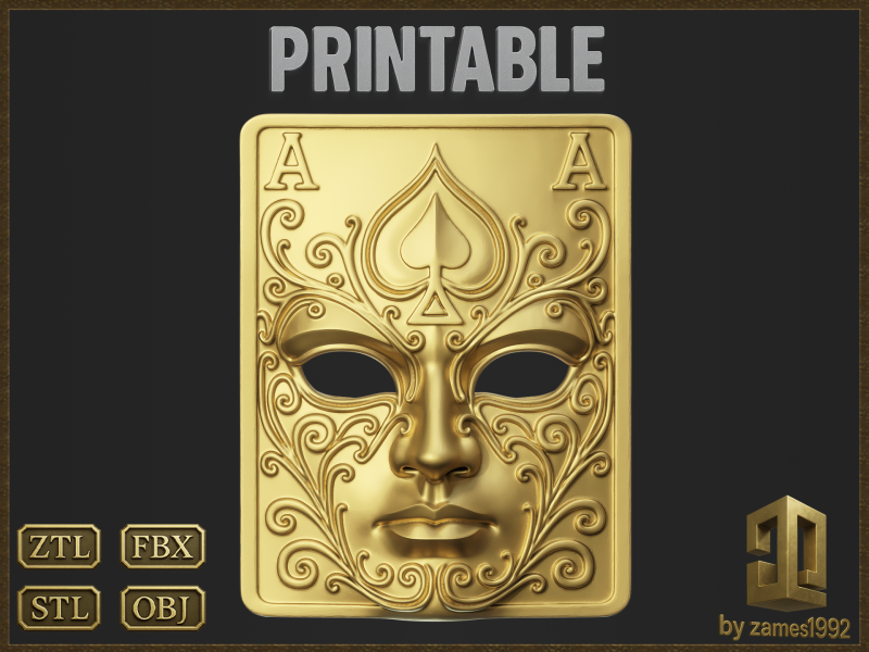 Ornate Playing Card Ace of Spades Mask 3D-printmodel .c4d .max .obj .3ds .fbx .stl .blend